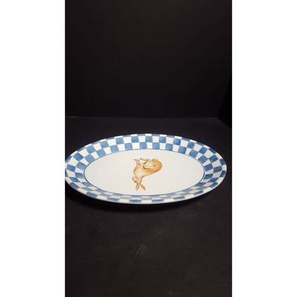 Easter Bunny Rabbit oval serving dish plate Blue Gingham Italian tableware - Picture 9 of 10